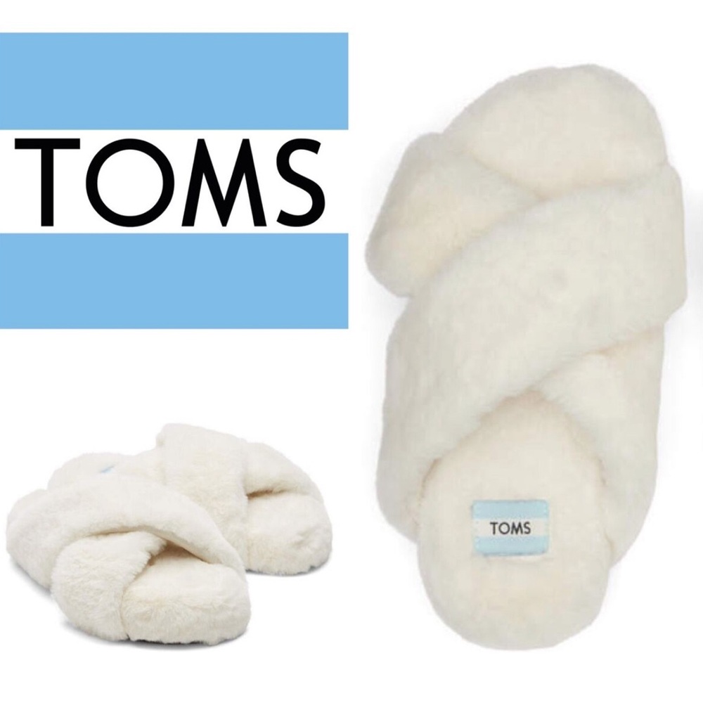 Toms Women’s Faux Fur Slippers Susie Eva Criss Cross slides slip on 8 ivory soft